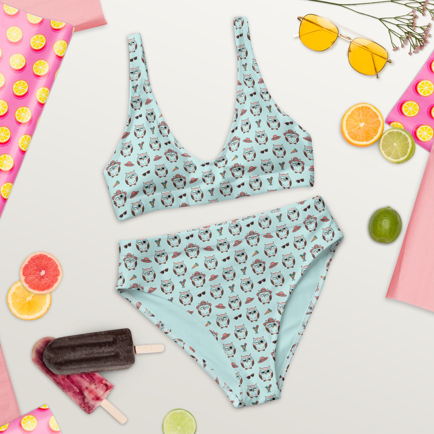 Owl Print Recycled High-Waisted Bikini – Eco-Friendly & Stylish - Dudeily