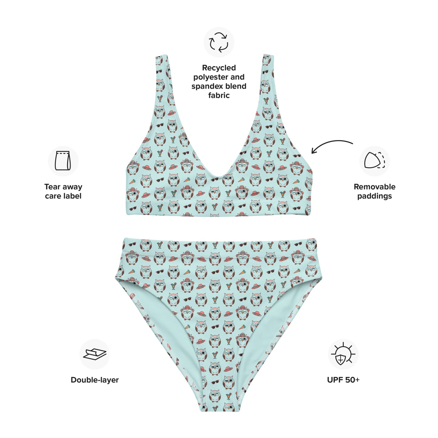 Owl Print Recycled High-Waisted Bikini – Eco-Friendly & Stylish - Dudeily
