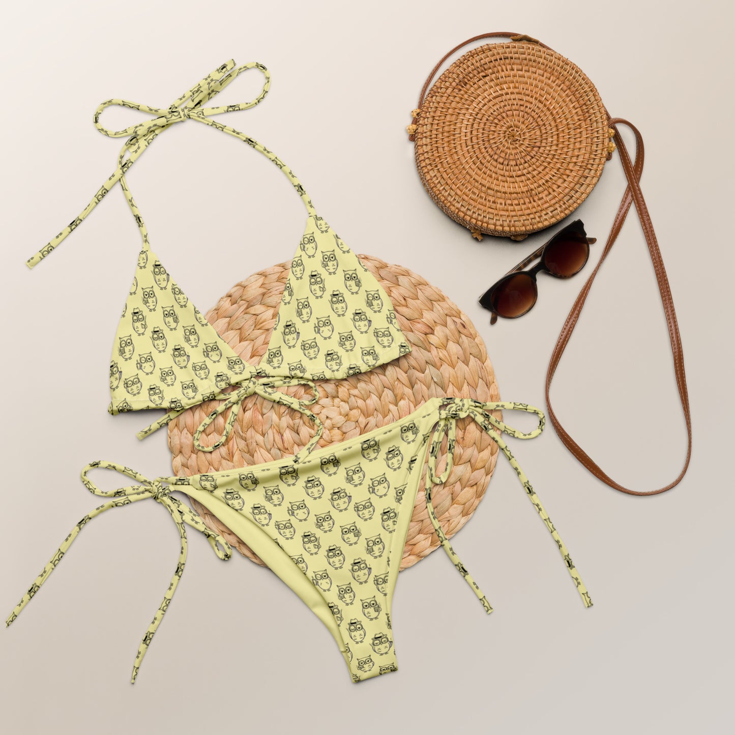 Owl-Themed All-Over Print Recycled String Bikini – Eco-Friendly Fashion - Dudeily