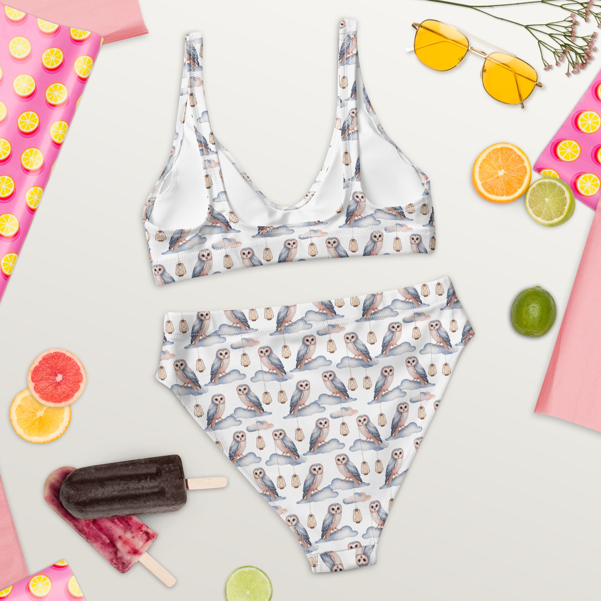 Recycled High-Waisted Bikini – Eco-Friendly Owl Print Swimwear - Dudeily