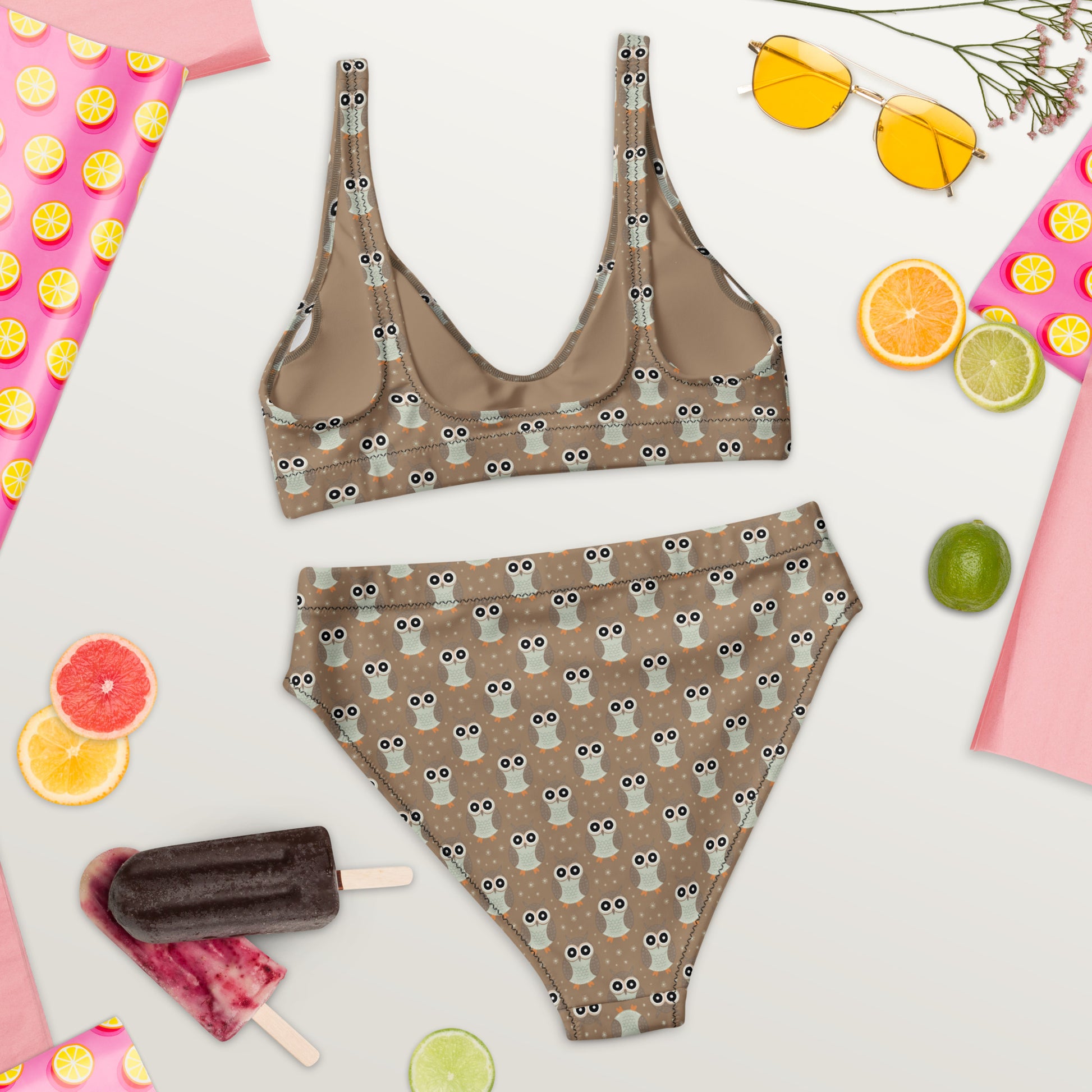 Recycled High-Waisted Bikini – Eco-Friendly Owl Print Swimwear - Dudeily