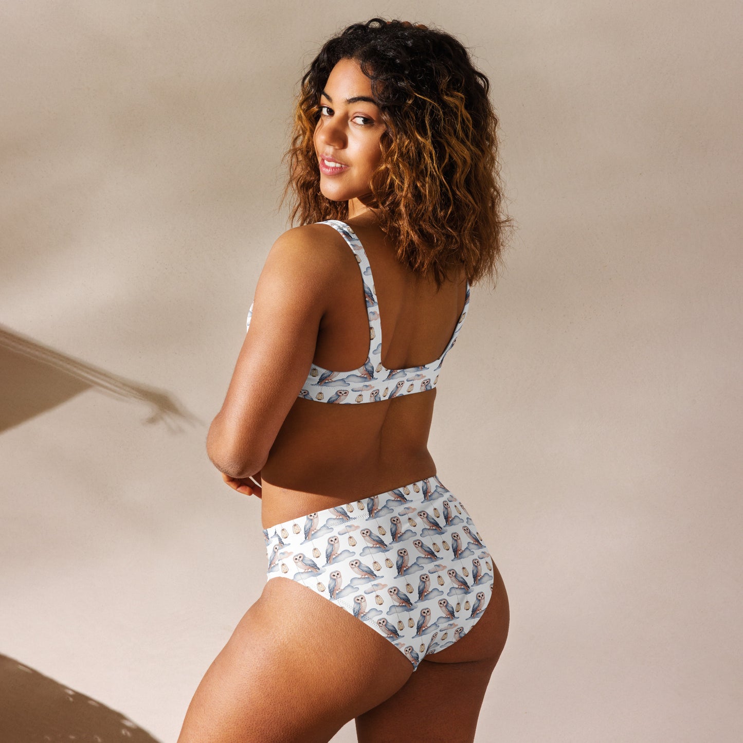 Recycled High-Waisted Bikini – Eco-Friendly Owl Print Swimwear - Dudeily