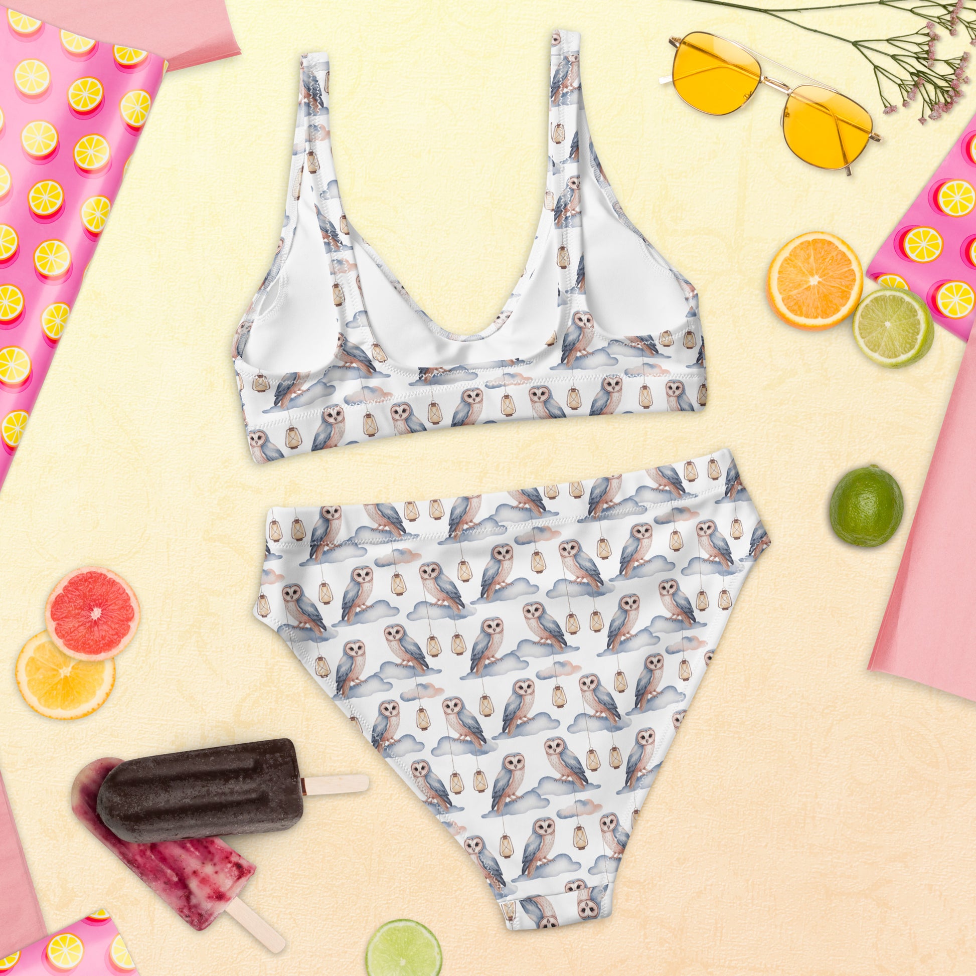 Recycled High-Waisted Bikini – Eco-Friendly Owl Print Swimwear - Dudeily