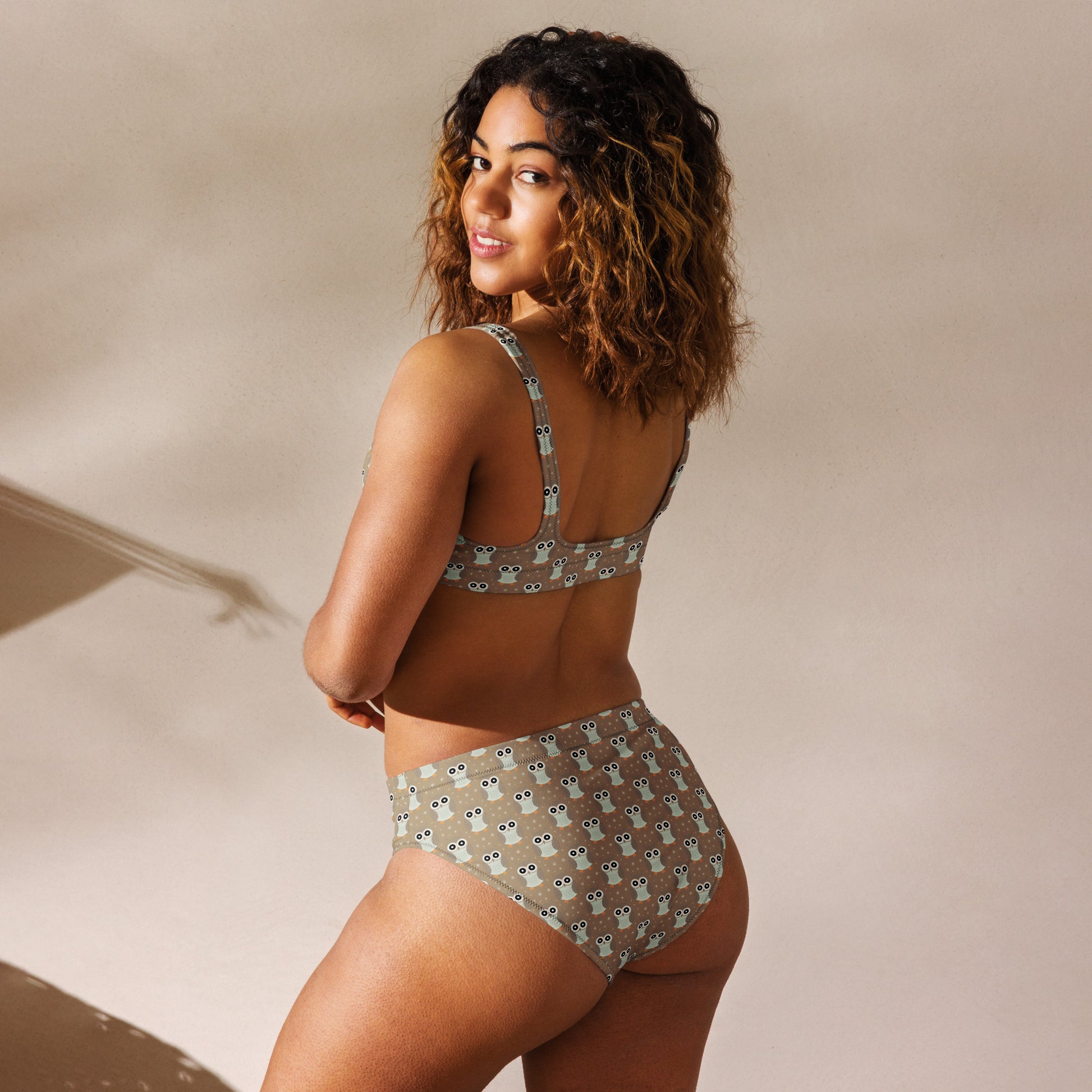 Recycled High-Waisted Bikini – Eco-Friendly Owl Print Swimwear - Dudeily