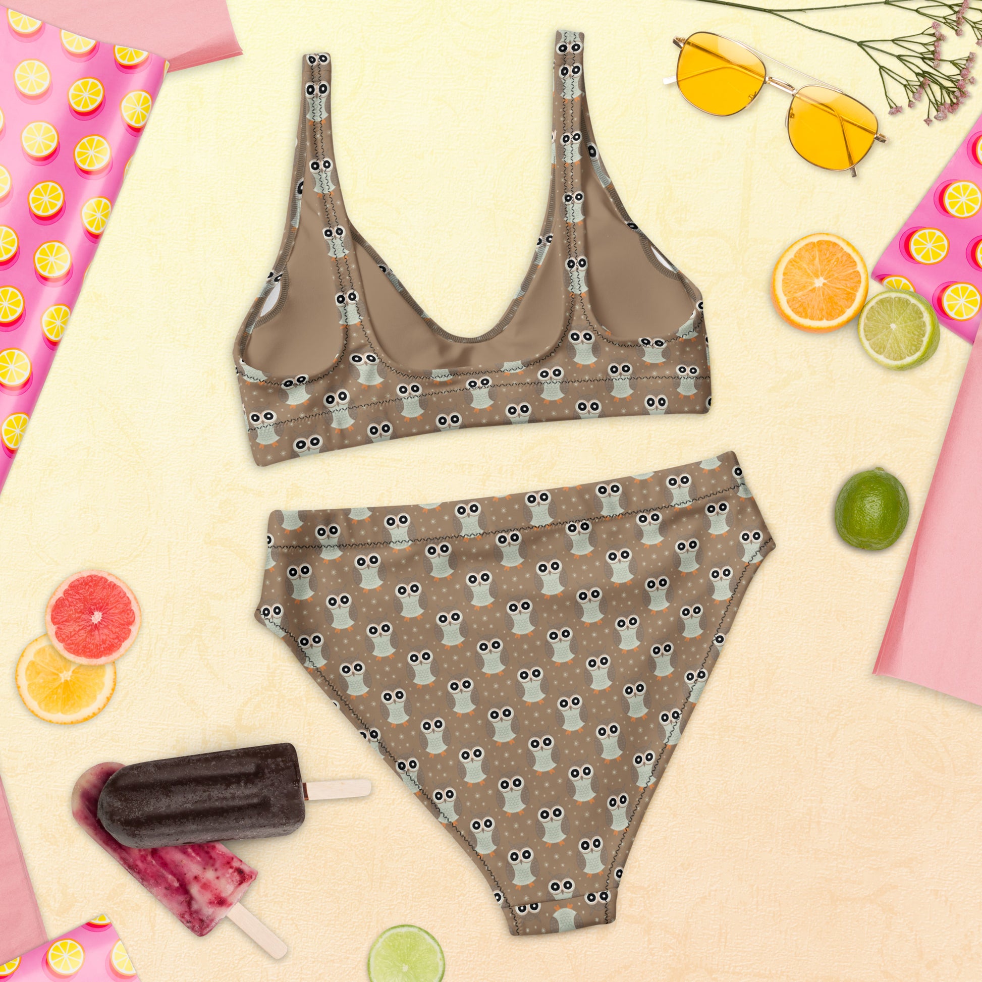 Recycled High-Waisted Bikini – Eco-Friendly Owl Print Swimwear - Dudeily