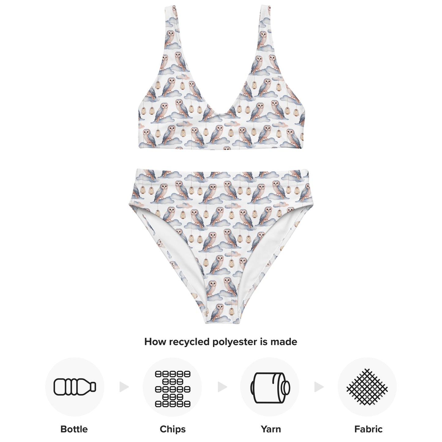 Recycled High-Waisted Bikini – Eco-Friendly Owl Print Swimwear - Dudeily