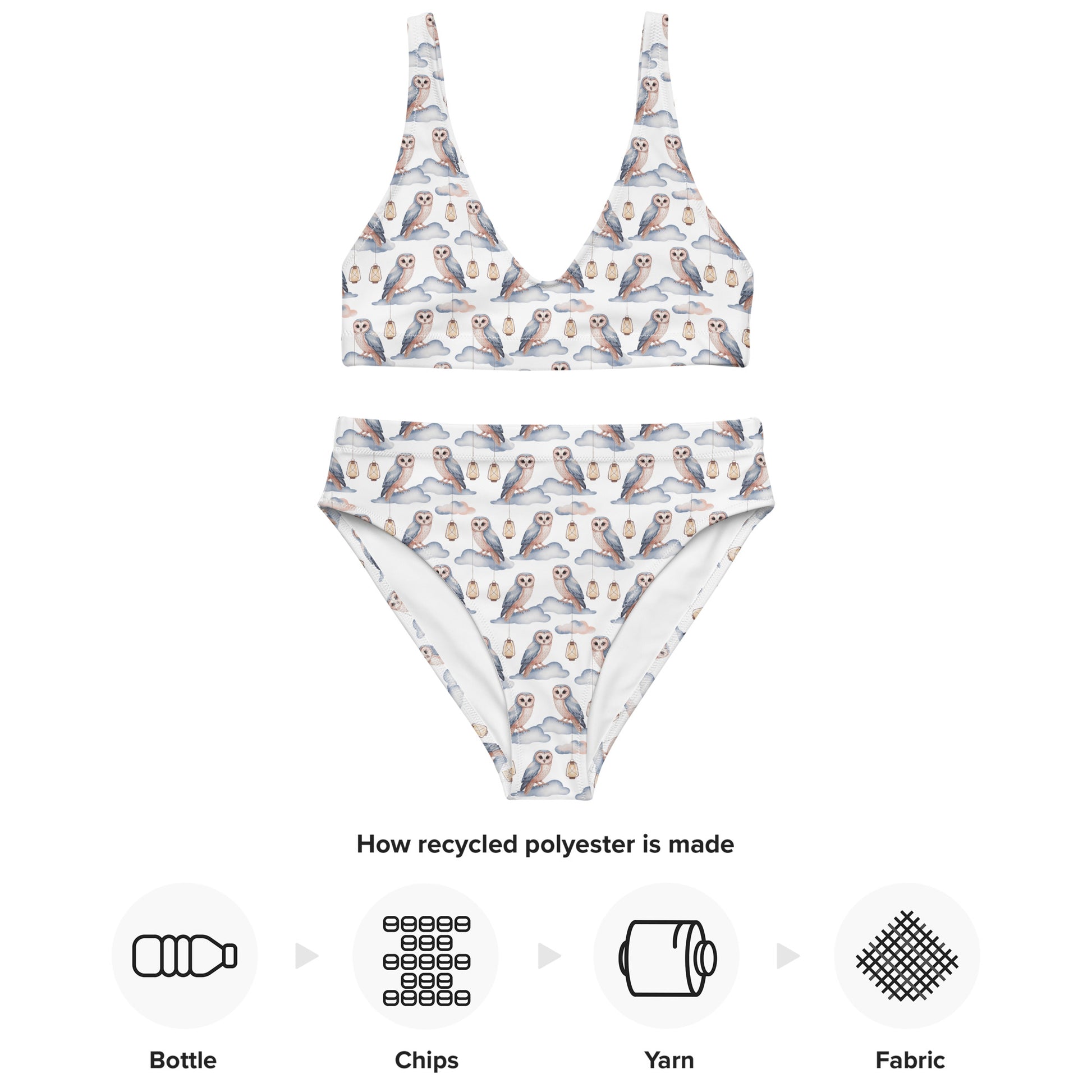 Recycled High-Waisted Bikini – Eco-Friendly Owl Print Swimwear - Dudeily