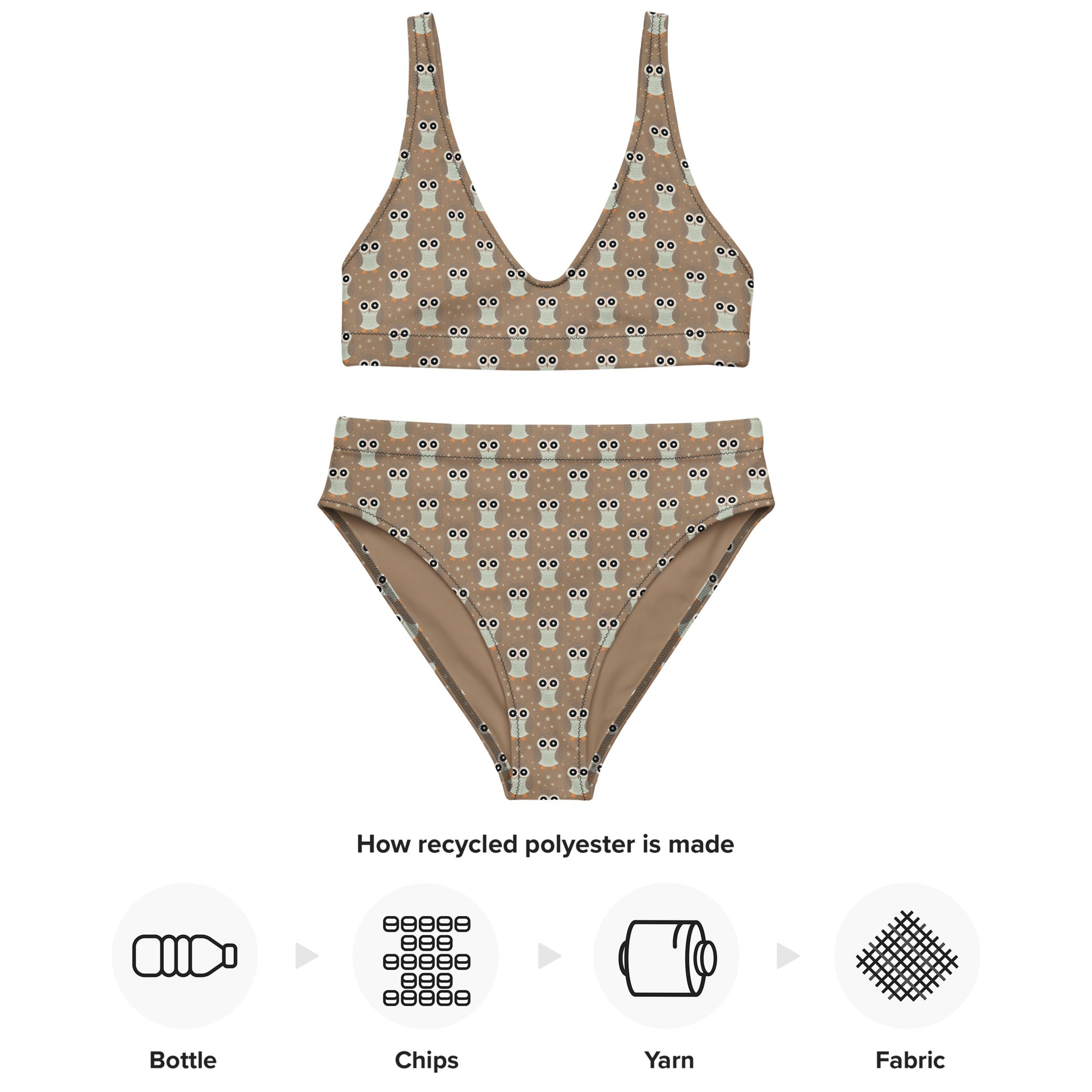 Recycled High-Waisted Bikini – Eco-Friendly Owl Print Swimwear - Dudeily