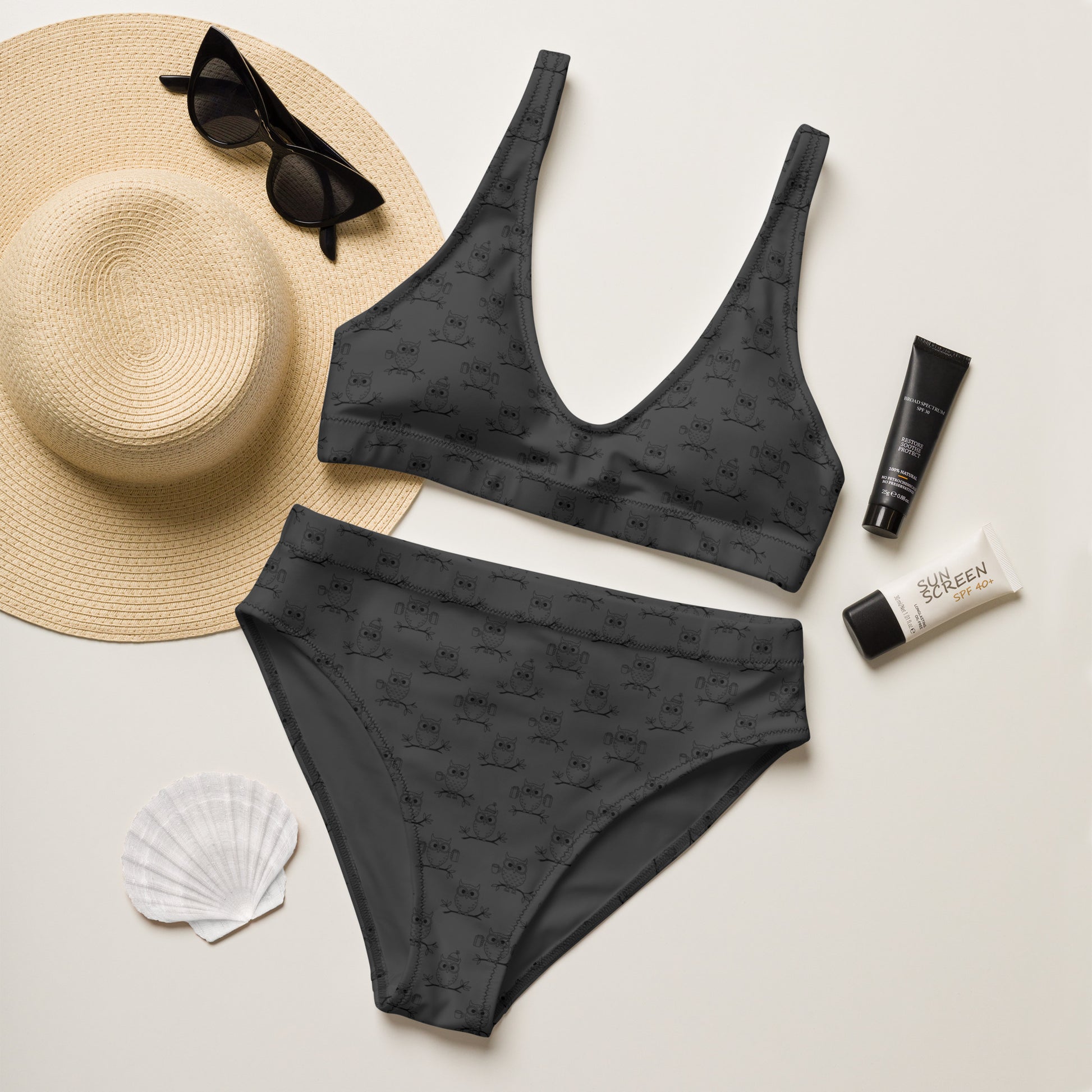 Recycled High-Waisted Bikini – Eco-Friendly Swimwear for owl Lovers - Dudeily