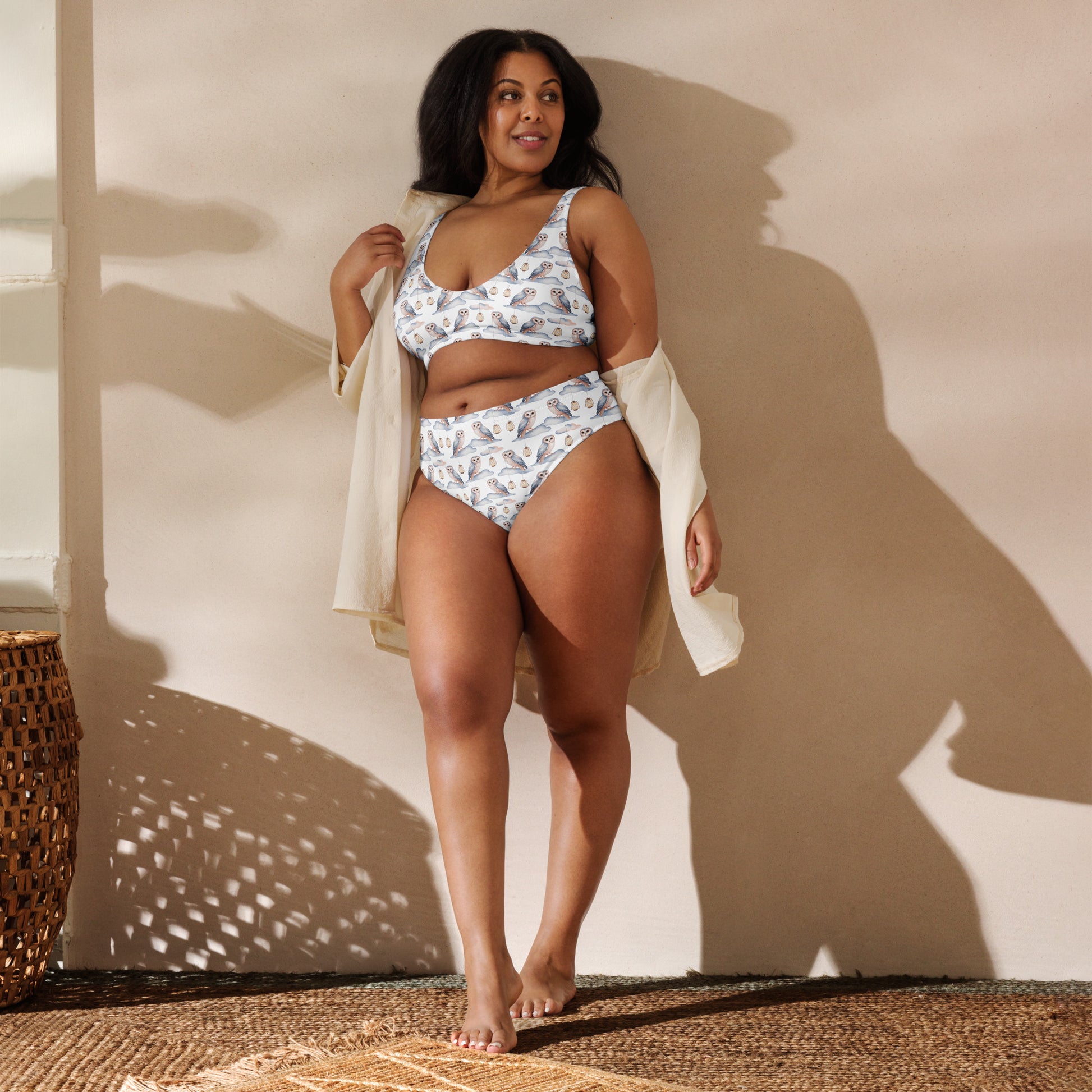 Recycled High-Waisted Bikini – Eco-Friendly Owl Print Swimwear - Dudeily