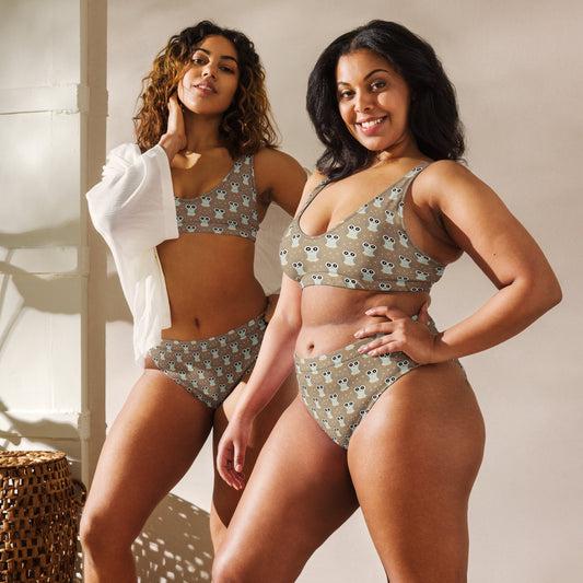 Recycled High-Waisted Bikini – Eco-Friendly Owl Print Swimwear - Dudeily