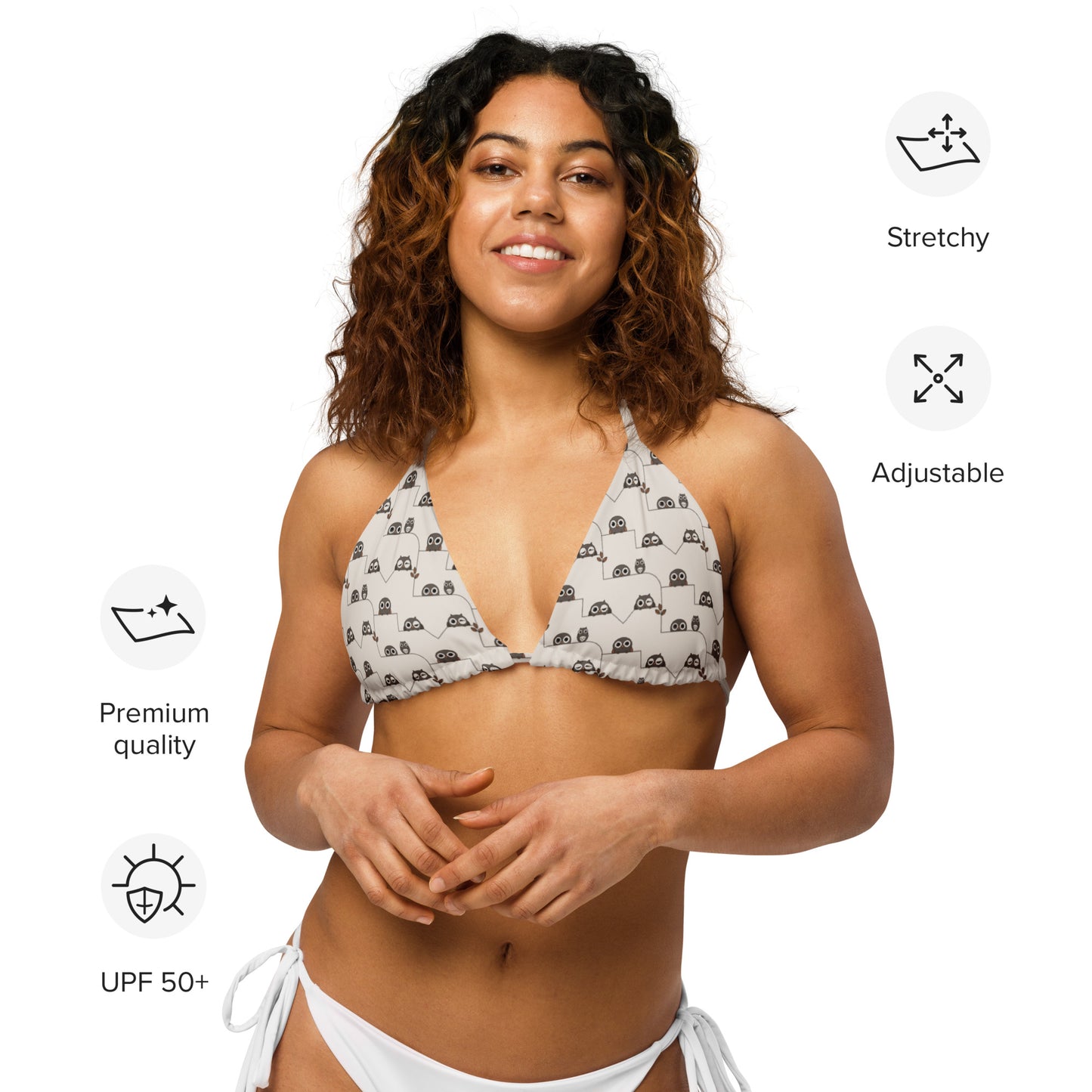 All-Over Print Recycled String Bikini Top – Eco-Friendly Owl Swimwear - Dudeily