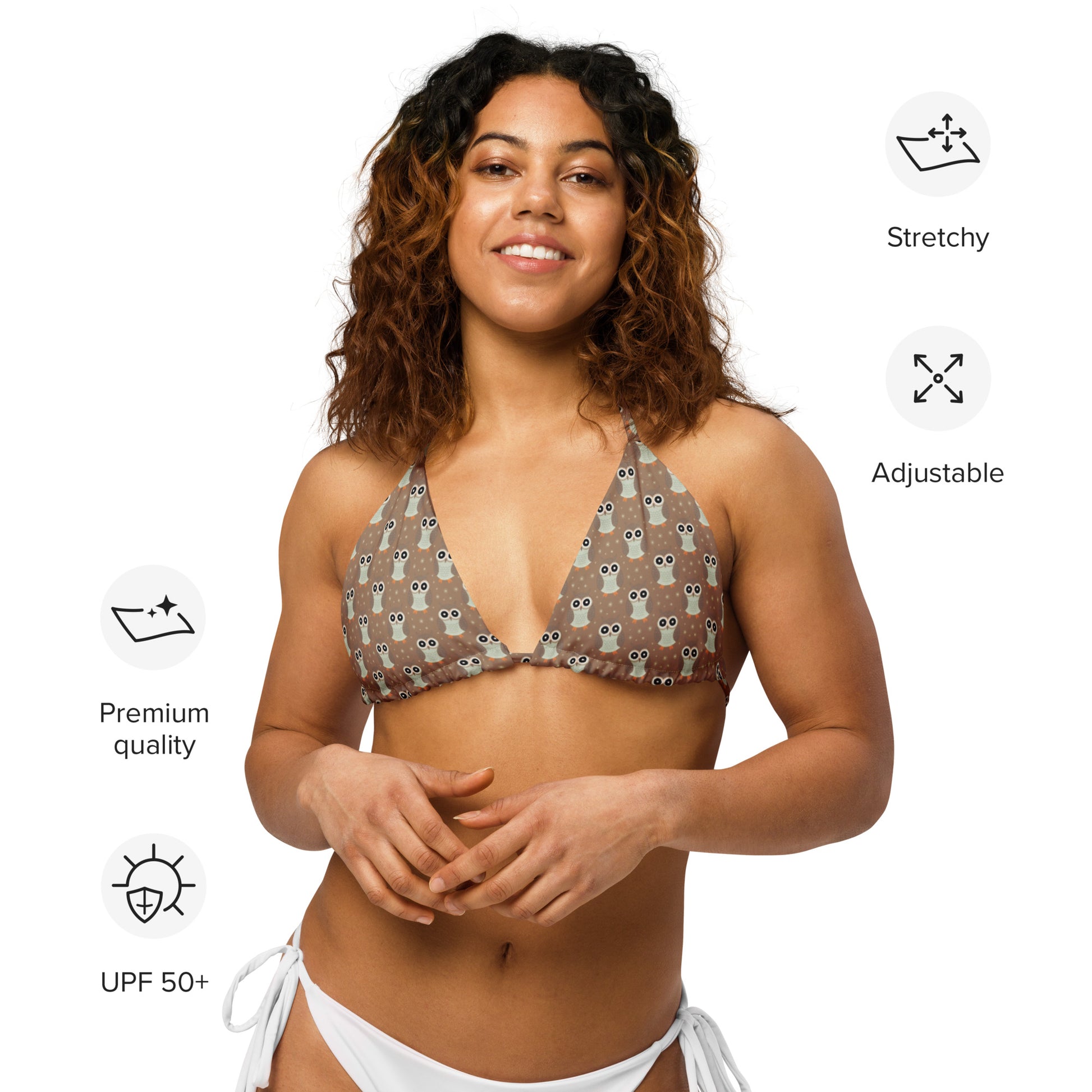 All-Over Print Eco-Friendly Bikini Top - Recycled String Owl Swimwear - Dudeily